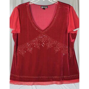 I.N. Studio Cherry Red Velvety Velour Sequined Women's Top Size XL Holiday Party